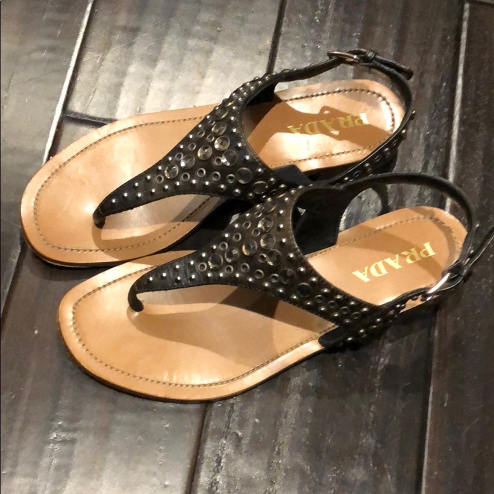 Prada dark brown distressed studded sandals